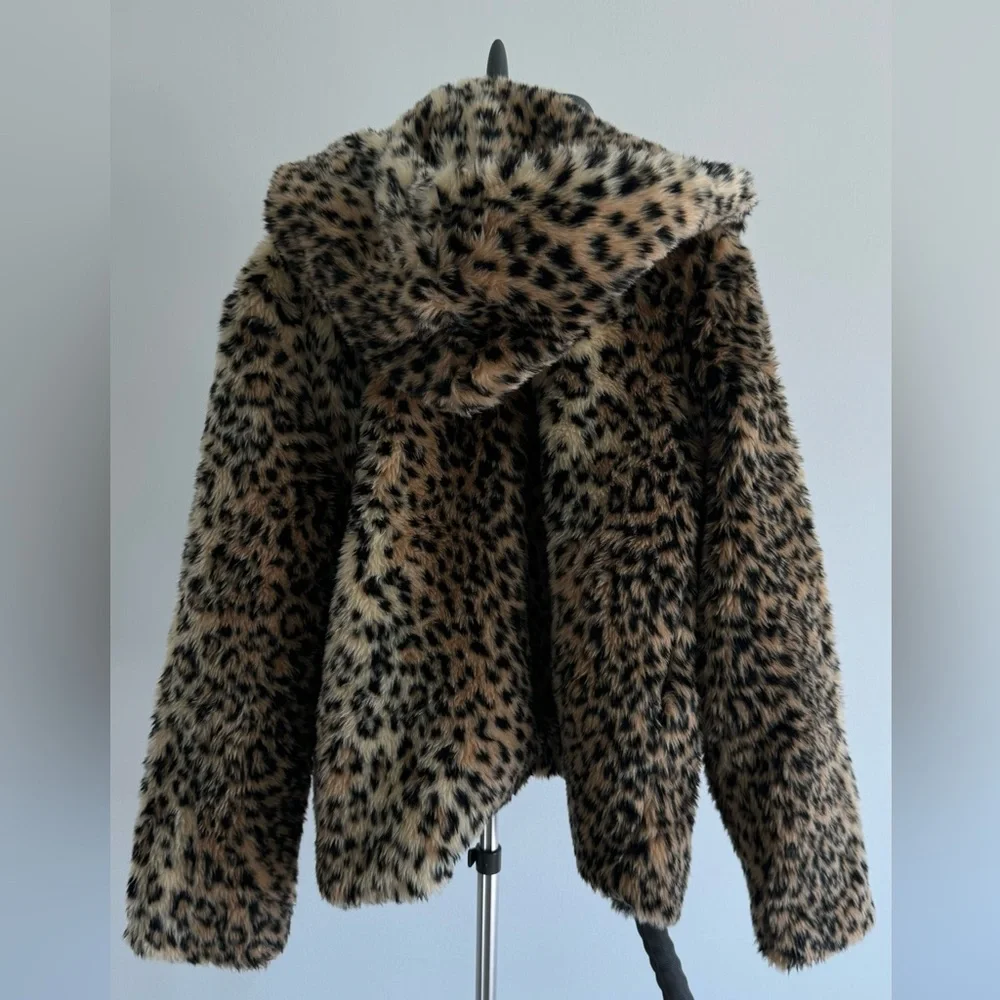 Zara Leopard Print Faux Fur Bomber Jacket - Brown, Black - Picture 3 of 7